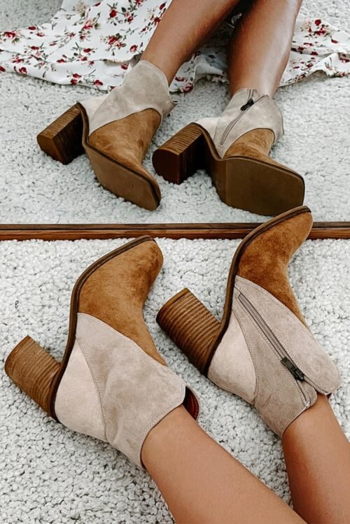 Femme Bottes | Bottes à Talon épais Et Bout Carré En Simili-Suède Bicolore Camel