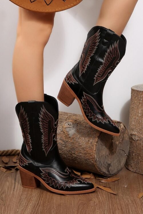 Femme Bottes | Bottes Mi-Mollet à Bout Pointu Et Motif Brodé Noir