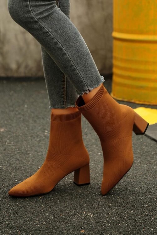 Femme Bottes | Bottines à Bout Pointu Et Talon épais En Tricot Style Curry Thaïlandais