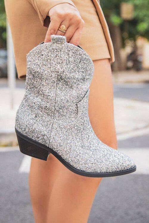 Femme Bottes | Bottines En Cuir Pu à Paillettes Argentées