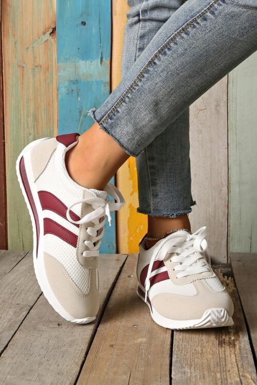 Femme Sneakers | Baskets Blanches à Lacets Respirantes En Patchwork