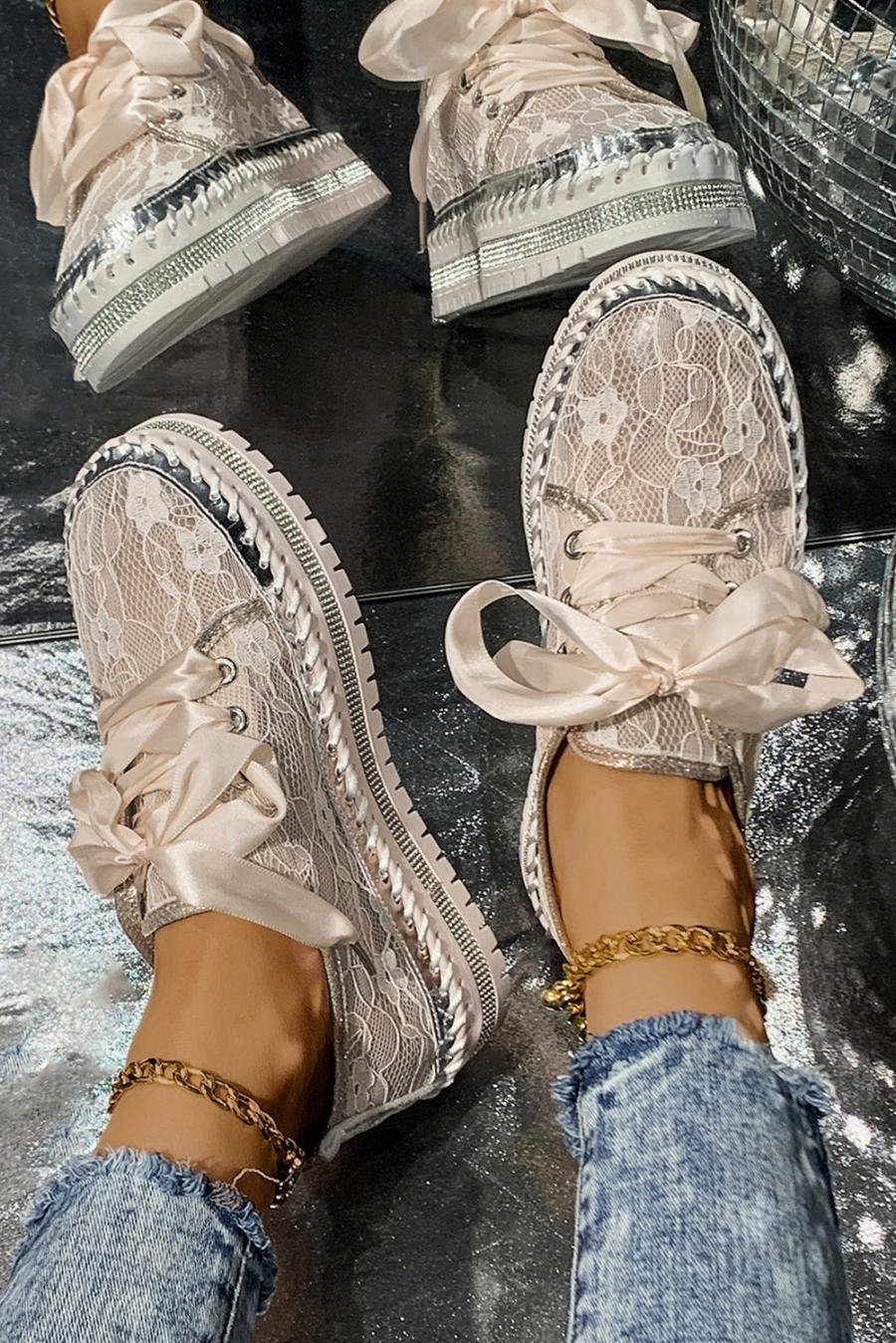 Femme Sneakers | Baskets Blanches à Semelle épaisse En Maille Florale