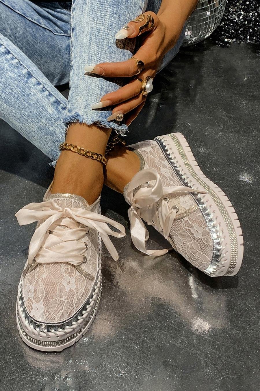 Femme Sneakers | Baskets Blanches à Semelle épaisse En Maille Florale