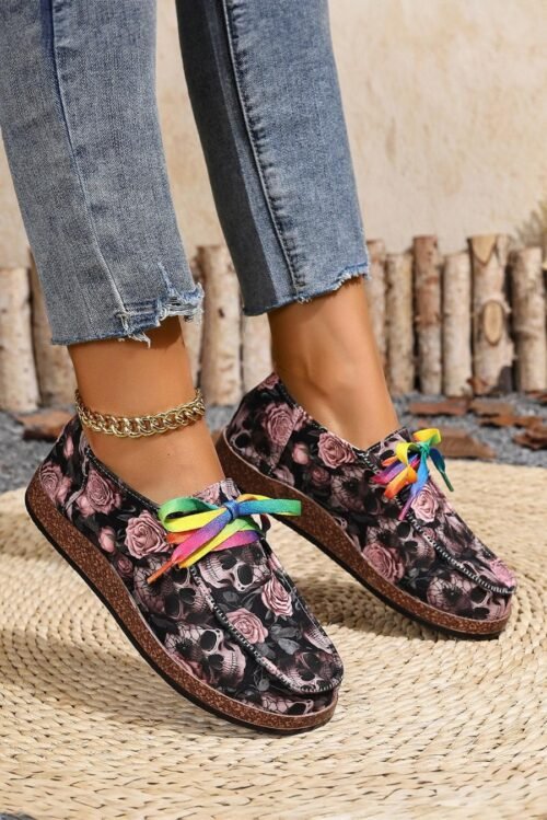 Femme Sneakers | Baskets à Lacets Bonbon Skull Rose Print