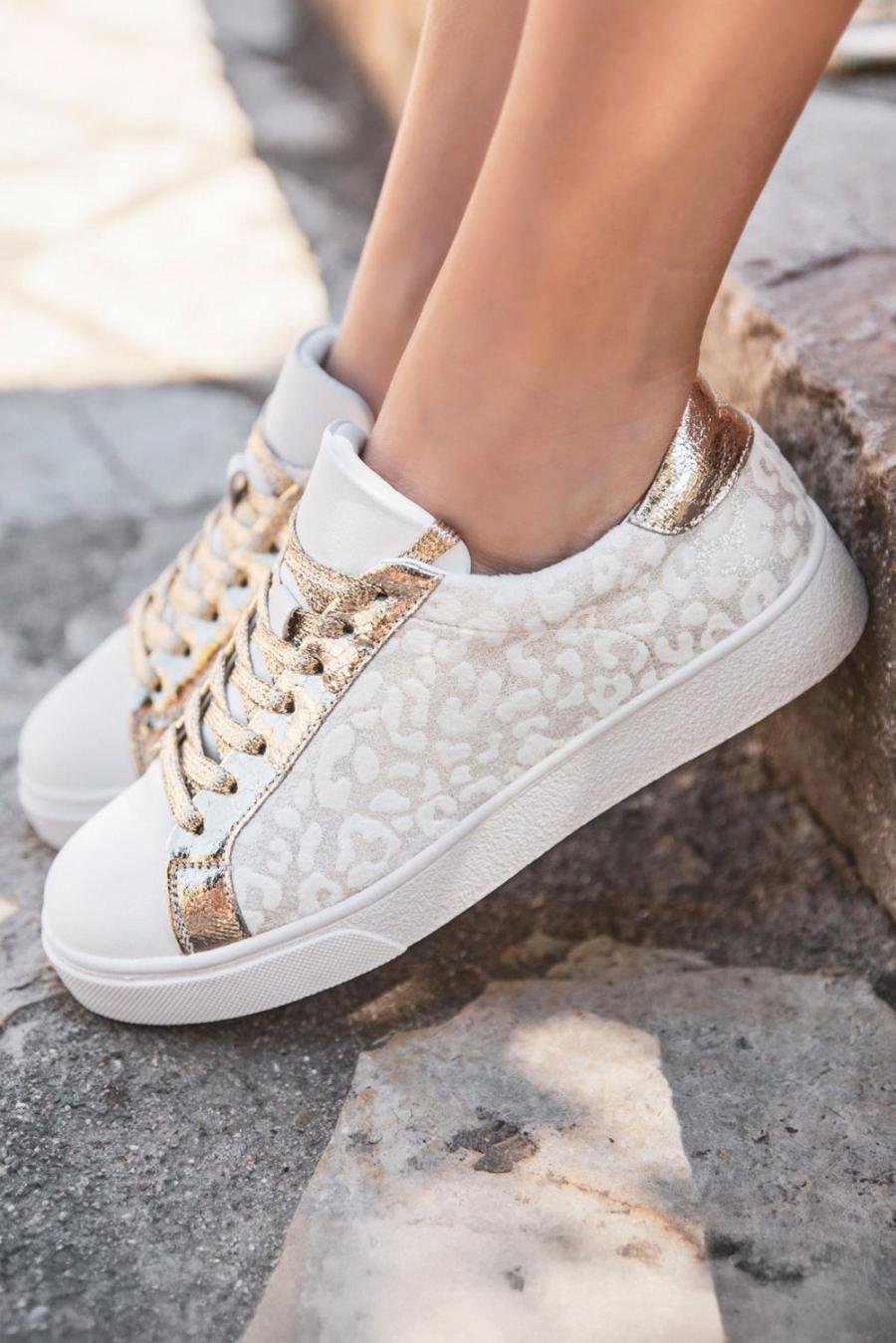 Femme Sneakers | Baskets à Lacets à Imprimé Léopard Blanc