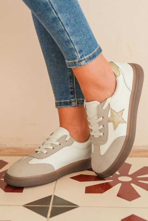 Femme Sneakers | Baskets à Lacets à Motif Patchwork D'étoiles Dorées Scintillantes