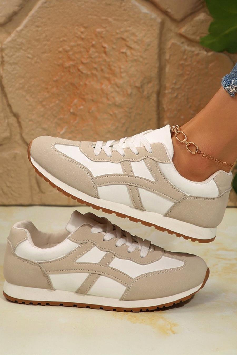 Femme Sneakers | Baskets à Lacets Contrastées à Bout Rond Couleur Avoine