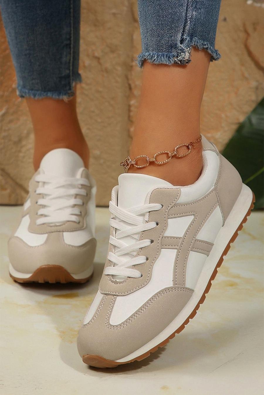 Femme Sneakers | Baskets à Lacets Contrastées à Bout Rond Couleur Avoine