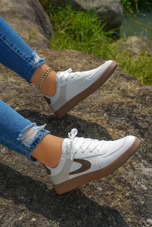 Femme Sneakers | Baskets à Lacets En Cuir Pu Couleur Café