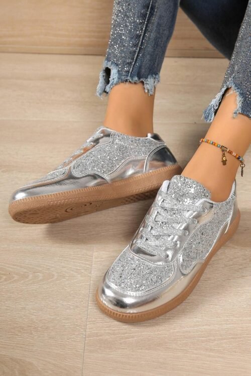 Femme Sneakers | Baskets à Lacets Patchwork à Paillettes Argentées