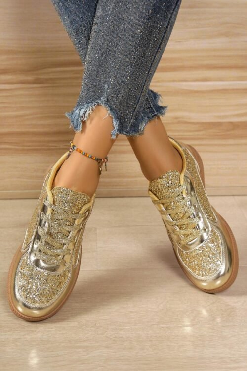 Femme Sneakers | Baskets à Lacets Patchwork à Paillettes Dorées