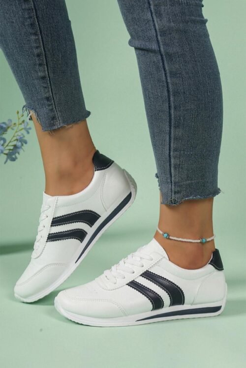 Femme Sneakers | Baskets Décontractées à Lacets En Cuir Pu Blanc à Rayures
