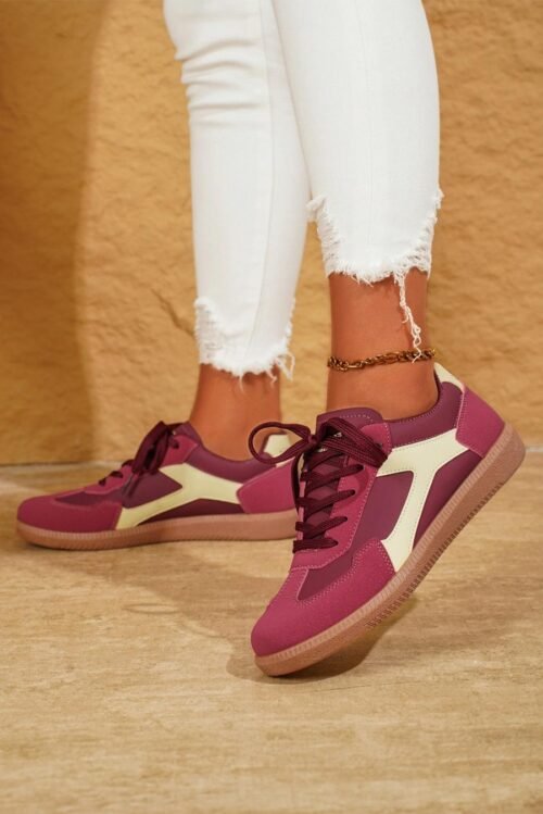 Femme Sneakers | Baskets Décontractées à Lacets En Cuir Pu Rouge Vif Avec Coutures Contrastées