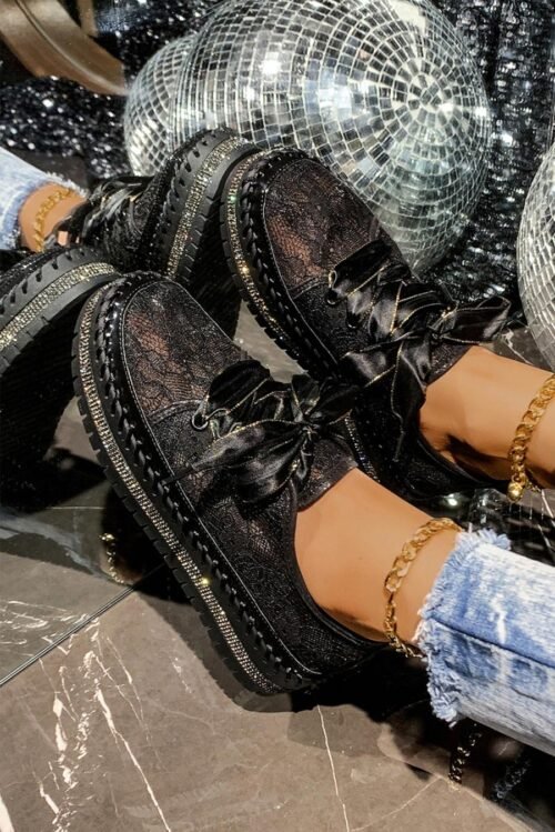 Femme Sneakers | Baskets Noires à Semelle épaisse En Maille Florale