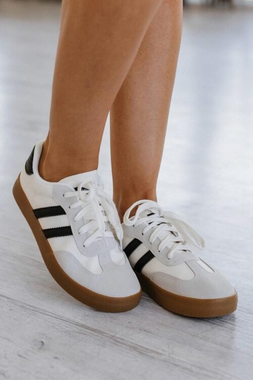 Femme Sneakers | Baskets Plates à Lacets à Rayures Blanches