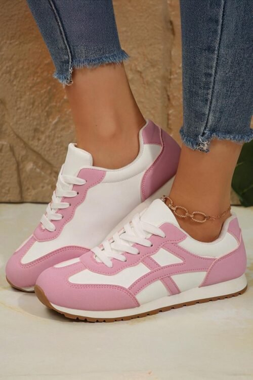 Femme Sneakers | Baskets Roses à Lacets Contrastés Et Bout Rond